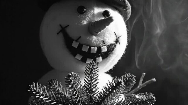 Spooky close-up shot of a snowman with a creepy smile and holding a small Christmas tree