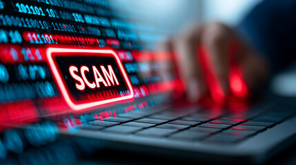 Fototapeta na wymiar Close-up of a digital risk alert with scam text as a cautionary message, phishing and online deception concept, internet crime awareness, growing cyber threat visualization,