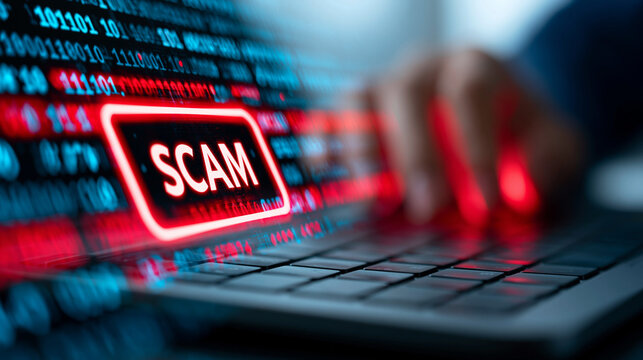 Close-up of a digital risk alert with scam text as a cautionary message, phishing and online deception concept, internet crime awareness, growing cyber threat visualization,