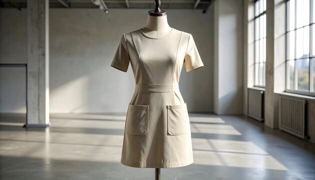 Shift dress with round neck and patch pockets on a ghost mannequin in a minimalist industrial studio with even lighting generative AI