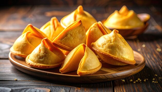 Golden snacks on wooden platter; vibrant folded shapes implying delightful taste