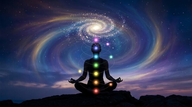 Silhouette of a person meditating with colorful chakra points and a swirling galaxy background 