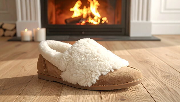 Slide with white shearling lining and tan suede on oak floor by a fireplace under soft warm indoor lighting hygge generative AI