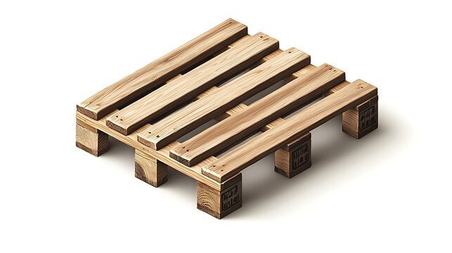 Wooden Industrial Pallet: A clean, isometric illustration of a standard wooden shipping pallet, ready for transport and storage in warehouses and factories.