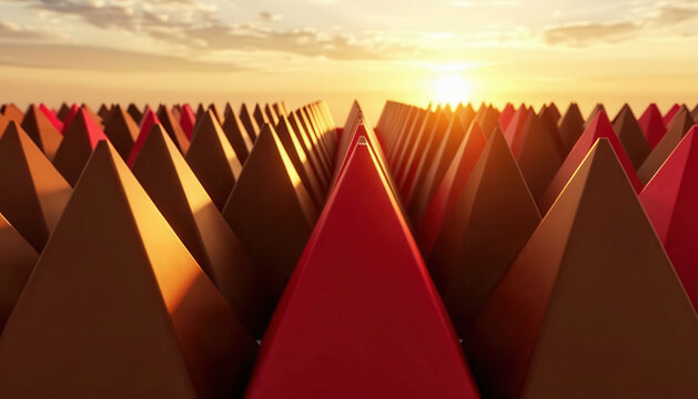 The landscape features an expanse of sharp pyramids arranged in rows. The red and brown pyramids create a striking scene against the backdrop of a vibrant sunset.