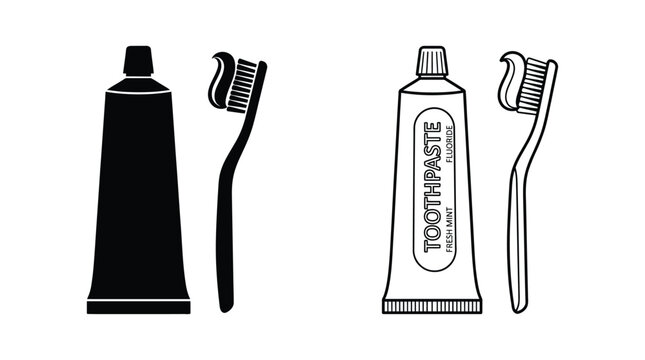 Toothpaste tube and toothbrush silhouettes on a white background