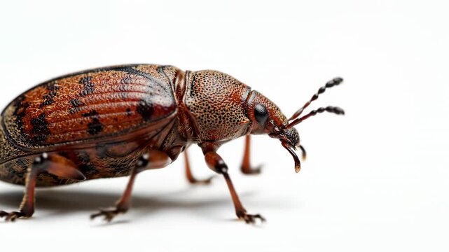 Detailed Macro Shot of a Brown Weevil Beetle on a White Background.