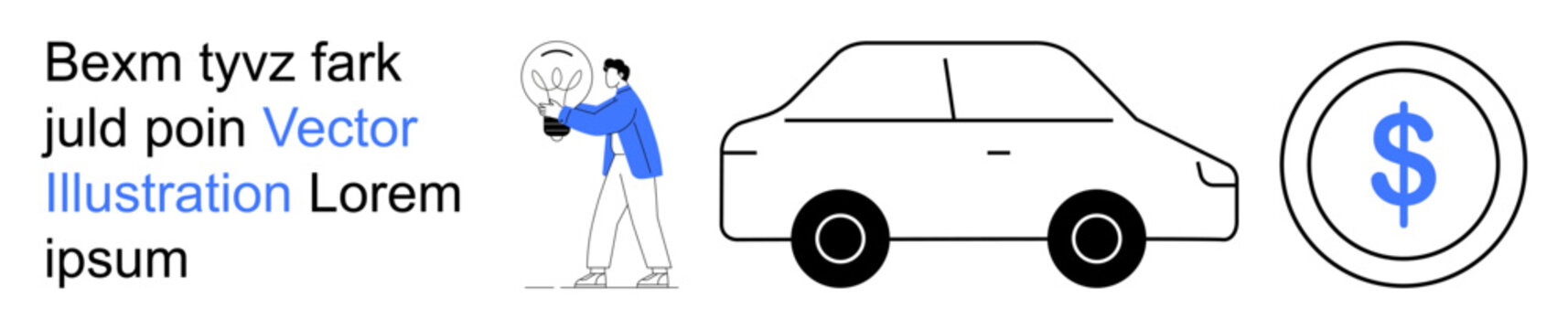 Car trading, automotive financing, business transactions, money savings, leasing services, digital payments. Person examining a lightbulb, car and currency symbol. Car trading and automotive