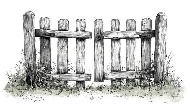 Rustic Wooden Gate: An old, weathered wooden gate stands ajar in a field, inviting passage into a tranquil outdoor scene.