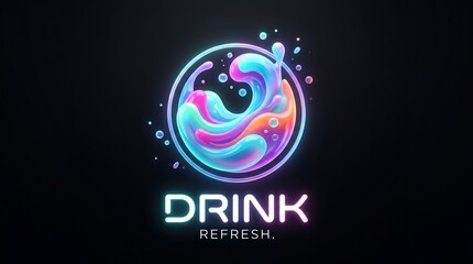 Fototapeta premium A vibrant neon drink logo with dynamic water splashes in a circle