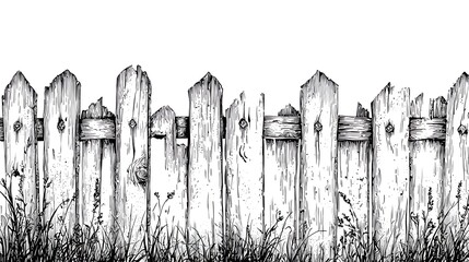 Obraz premium Rustic Picket Fence: A weathered, white picket fence with a charmingly rustic appeal stands guard over a patch of wild grass and delicate flowers, evoking a sense of nostalgia and simplicity.
