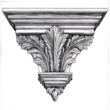 Architectural Ornament: An intricate architectural ornament, likely a corbel or frieze detail, showcasing acanthus leaf motifs and classical moldings in a detailed monochrome drawing.