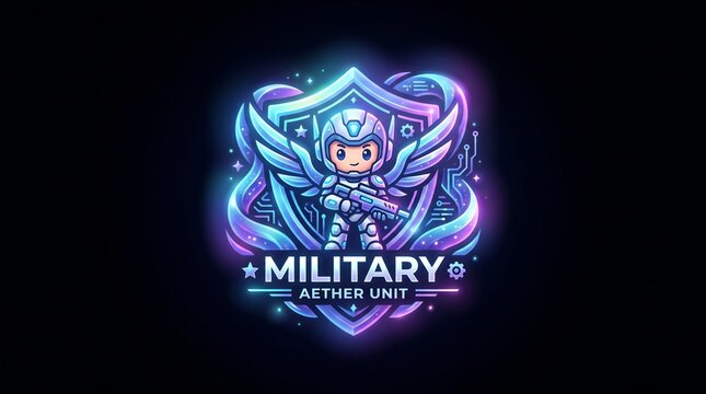 Futuristic neon military esport logo featuring a winged armored soldier with a shield