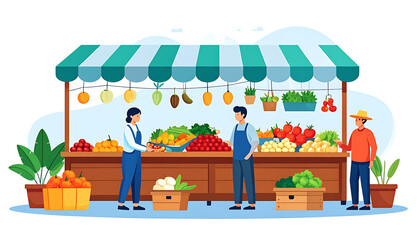Obraz premium Farmers market stall with fresh produce and vendors, selling fruits and vegetables, healthy food shopping, outdoor market atmosphere