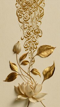 Elegant gold leaf floral sculpture on beige mulberry paper texture