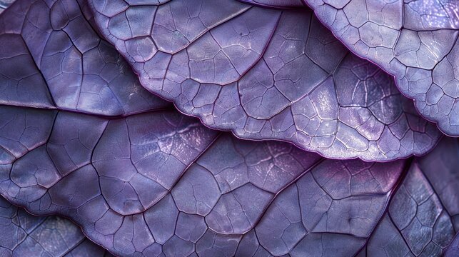Purple cabbage leaves displaying intricate vein patterns in a sharp focus macro shot for culinary and botanical marketing