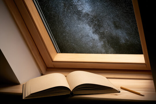 Attic skylight reveals starry night sky as open book and pencil rest on wooden windowsill creating peaceful and inspiring atmosphere for reading or writing
