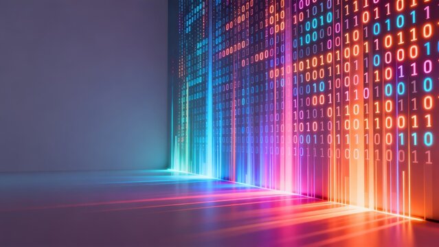 Colorful binary code wall in digital space