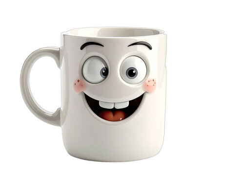 A whimsical, cartoon-style ceramic mug with a cheerful, expressive face smiles brightly against a stark black background, creating a playful and engaging visual.