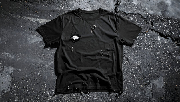 Oversized washed black cotton t shirt with intentional rips and frayed hem flat layed on gritty asphalt in harsh directional lighting generative AI