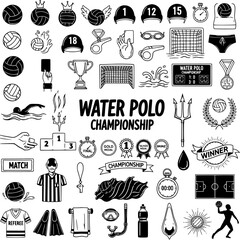 Water Polo Championship Icons Set: Equipment, Players, Awards, and Game Elements - Hand-drawn Vector Illustration for Sports Design. © kukky