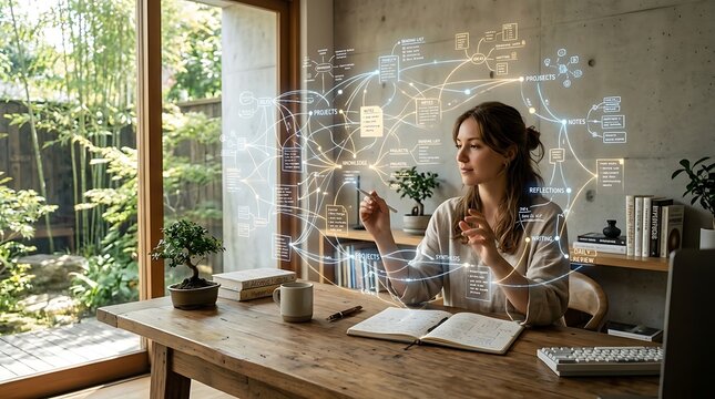 Woman working at wooden desk analyzing futuristic glowing data holograms in sunny home office (94 characters)