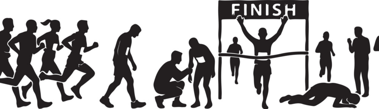 Black silhouettes of people running in a marathon