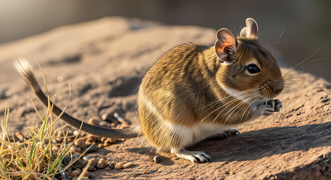 Small brown degu rodent foraging on a rocky surface.