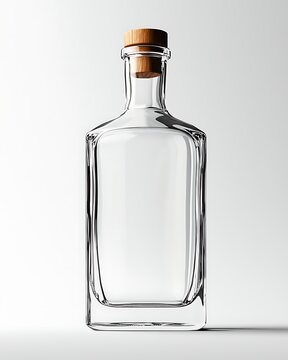 Clear Glass Bottle with Cork: An elegant, empty clear glass bottle, featuring a minimalist rectangular design and a natural cork stopper, stands ready for its contents.
