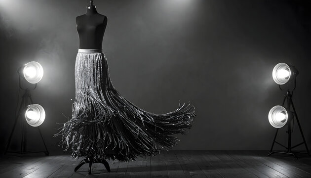 Fringe skirt with knee length silk layers on invisible mannequin in a jazz club showing dynamic motion under dramatic spotlights generative AI
