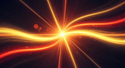 Obraz premium Abstract background with bright glowing golden and red light rays and wavy motion lines spreading from the center point