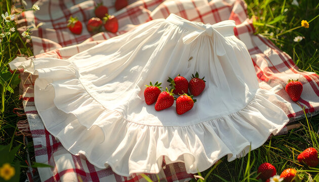 Wrap skirt with cascading ruffle hem flat layed on picnic blanket with strawberries featuring light cotton poplin texture sunny light generative AI