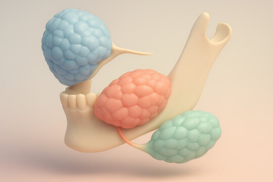 Major salivary gland trio illustration in soft pastel colors. parotid gland in soft blue, promoting gentle understanding of oral wellness and anatomical positioning