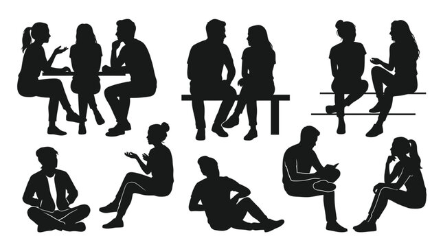 Diverse group of people in various sitting positions depicted as black silhouettes isolated on a plain light background designed for professional graphic projects and creative design layouts for moder