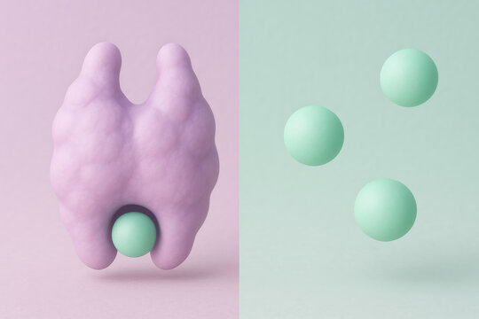 Conceptual molecular visualization of calcium sensing receptor on parathyroid cell. This pastel purple illustration shows biochemical surveillance detecting mint green calcium ion