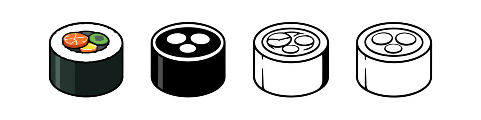 Set of four stylized sushi rolls in different artistic representations © Passatic