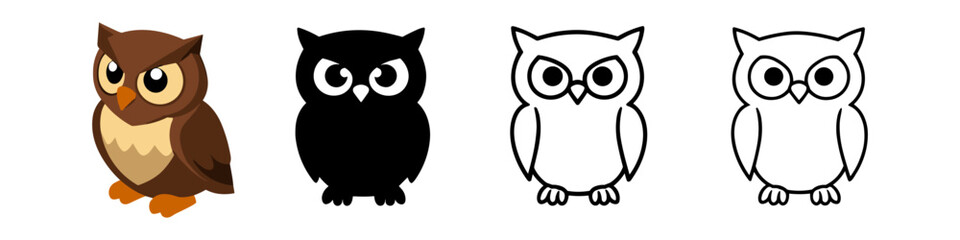 Fototapeta premium Collection of stylized owl icons in different artistic styles and colors