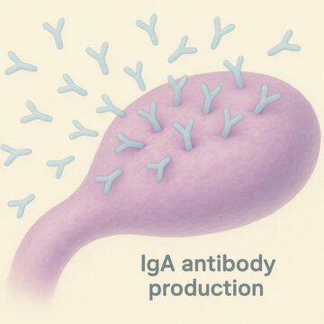 IgA antibody production illustration from lymphoid follicle. This manufacturing concept details intestinal defense and immunity, gentle visualization of biological process