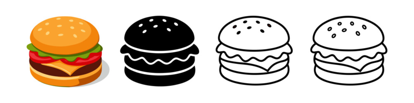 Set of four hamburger icons in different styles: realistic, silhouette, and line art