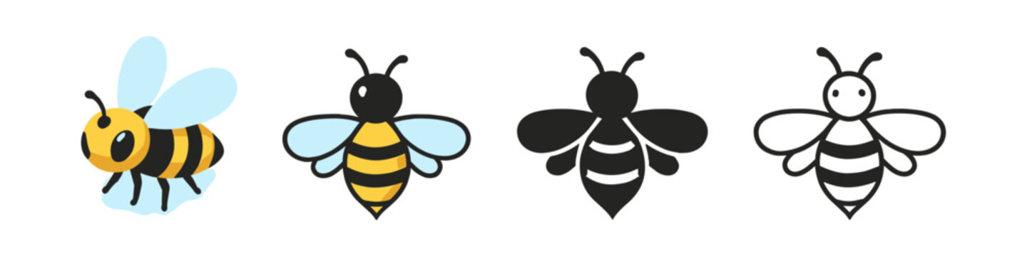 Collection of stylized bee icons in various designs and colors