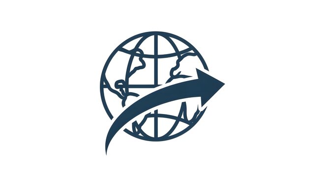 Clean flat vector logo symbolizing global business and international progress. This modern icon represents worldwide data transfer, efficient logistics, and forward momentum