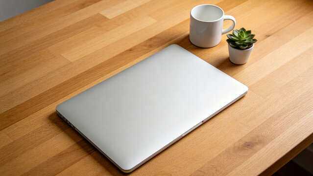 Closed laptop on wooden desk with coffee mug and succulent plant