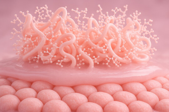 Mucin glycoprotein molecular visualization showing protective lubrication layer over mucosa. soft concept in pastel pink for biology and science education