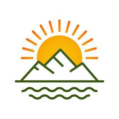 Logo agencia de viajes. Vacaciones de verano. Dibujo minimalista con líneas de una isla con montañas y olas de mar, con el sol asomando por detrás  © teracreonte