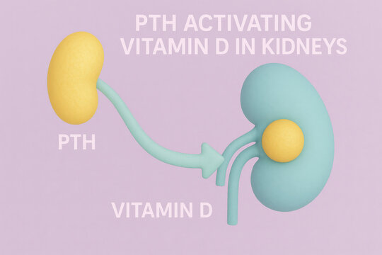 Medical illustration of PTH activating vitamin D in kidneys for calcium absorption. Visual of hormonal cascade pathway showing metabolic coordination and inter organ communication