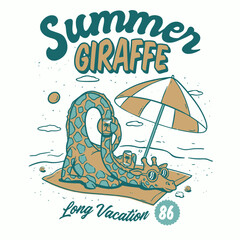 Giraffe on beach towel relaxing summer. © black