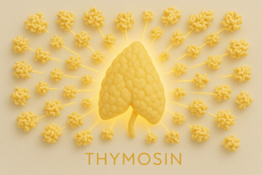 Molecular illustration of thymosin hormone supporting immune system. Golden thymosin radiating from thymus gland creating an immune boosting peptide concept for wellness