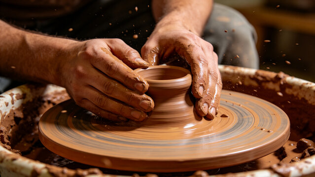 Potter Shaping Clay on a Spinning Wheel