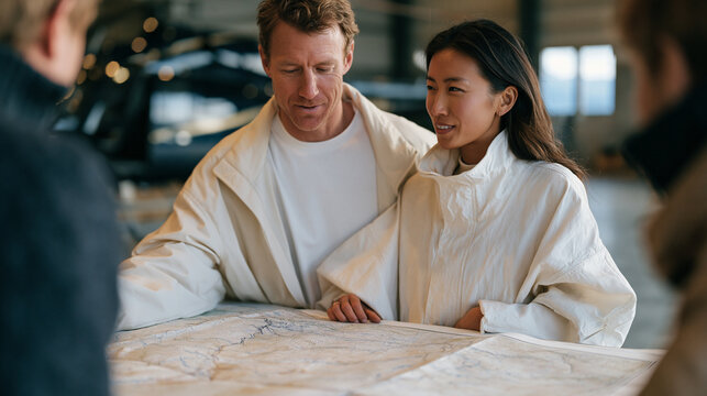 Luxury private ranch heli-ski operation guide briefing guests in helicopter hangar, topographic map spread on briefing table, remote backcountry permit area, exclusive wilderness