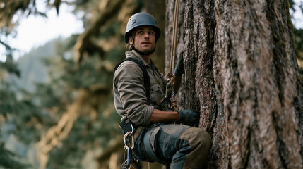 Obraz premium Young arborist rappelling from old growth canopy after aerial survey, harness and descender visible, bark texture filling frame, sustainable forestry practice, canopy ecology